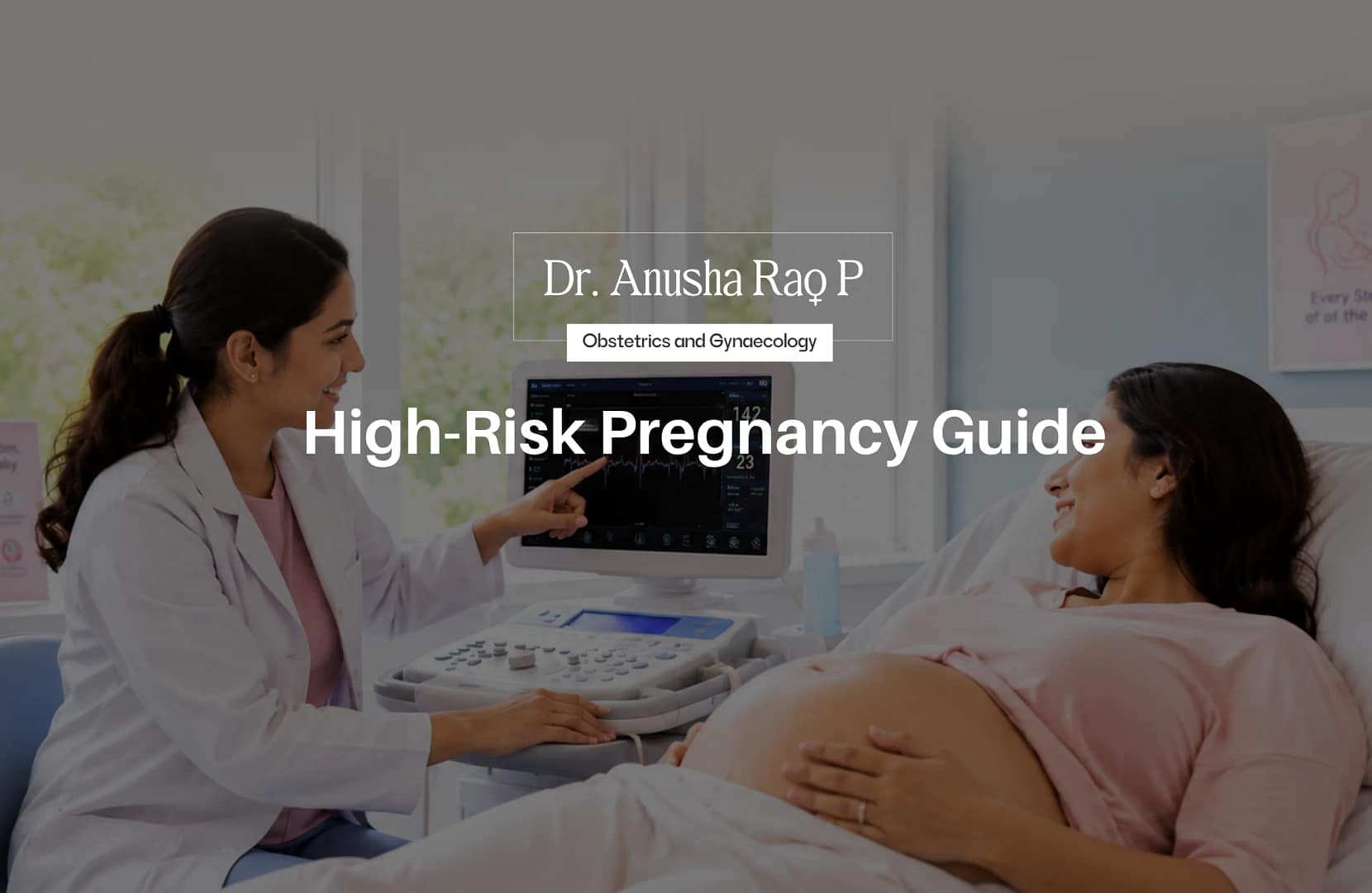 Obstetrician explaining fetal monitoring results on an ultrasound screen to a pregnant woman during a high-risk pregnancy checkup in a modern clinic
