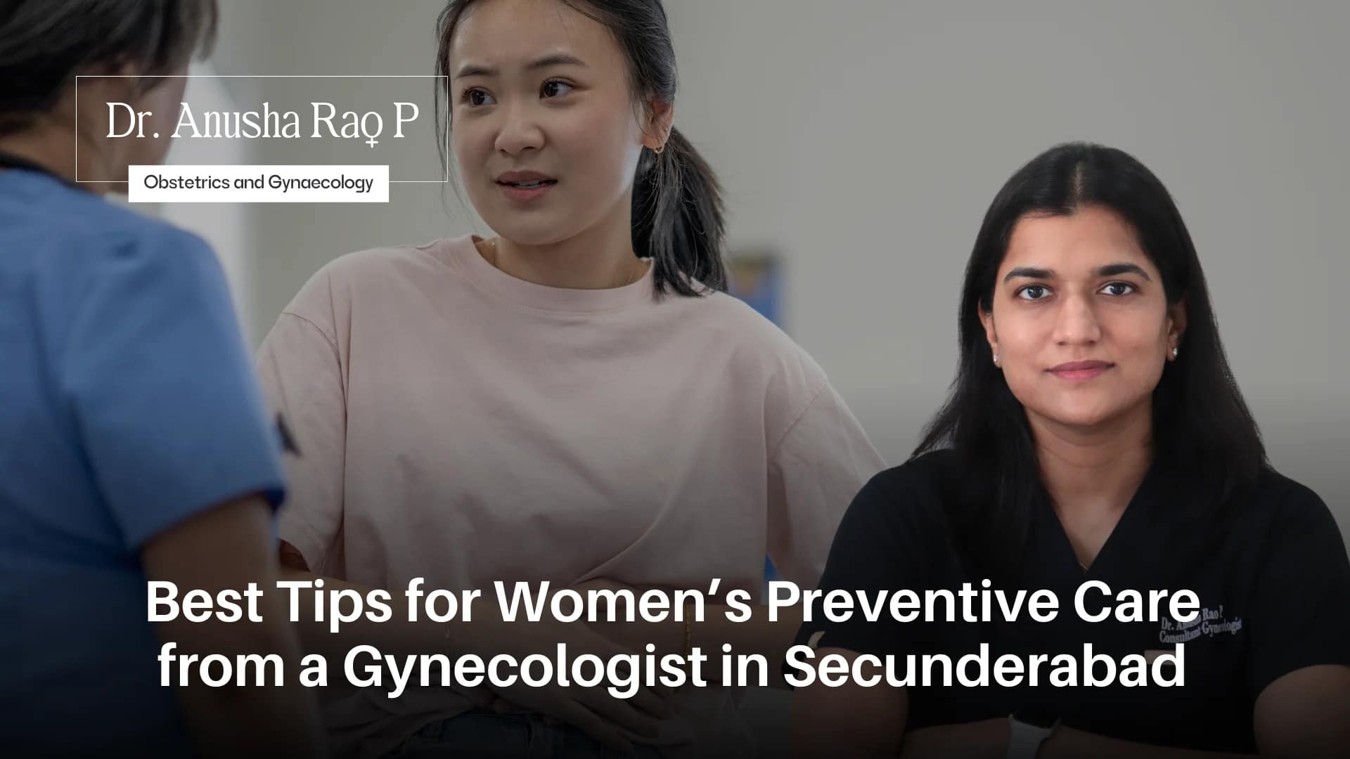 A gynecologist speaking with a woman holding her abdomen during a consultation, with another female doctor shown on the right, representing women’s preventive healthcare in Secunderabad.